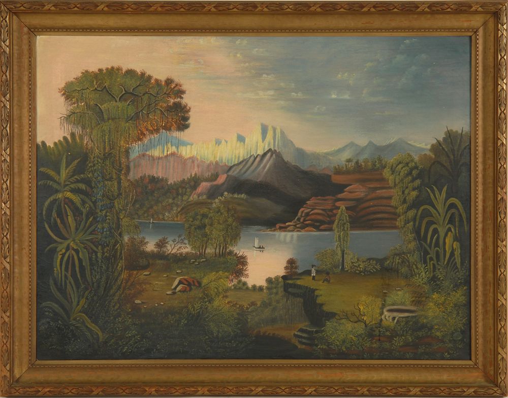 Appraisal: AMERICAN SCHOOLCirca Primitive lush forest landscape with large river and