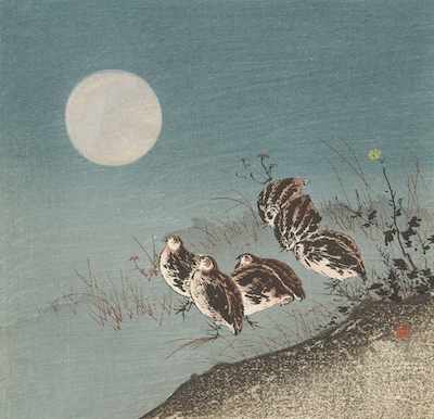 Appraisal: Kogyo Tsukioka Japanese - Quails and Full Moon Woodblock print