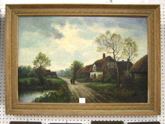 Appraisal: Antique Oil on Canvas European landscape with couple strolling along