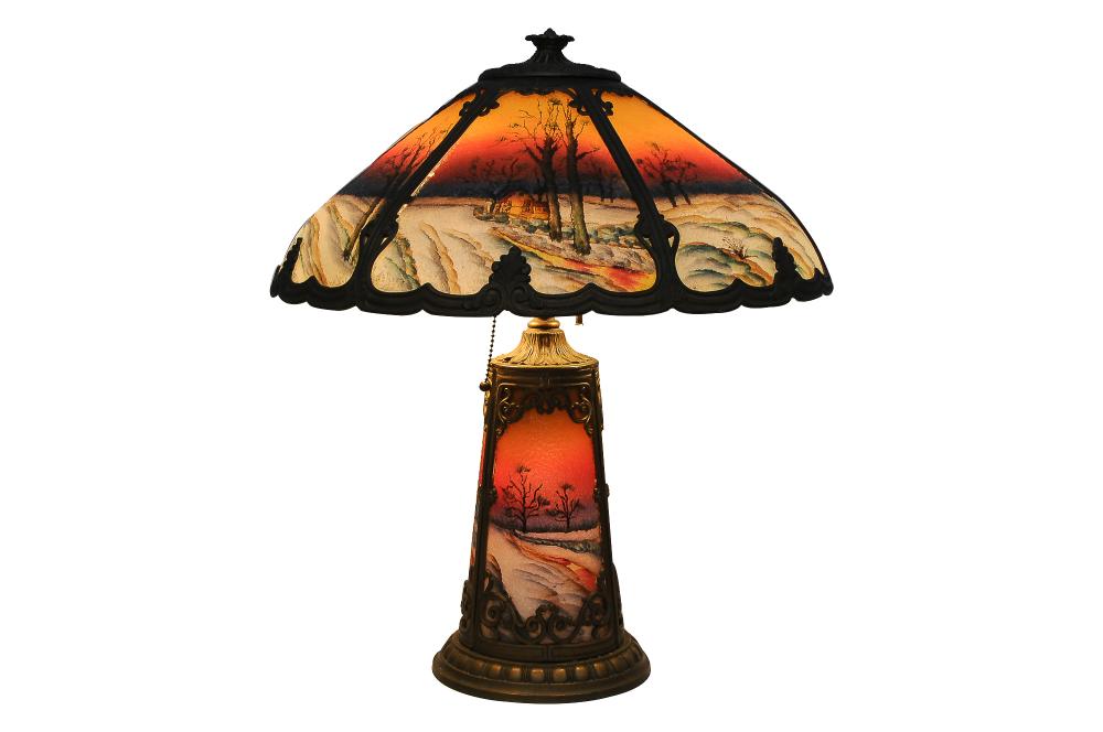 Appraisal: MILLER PHOENIX COUNTRY WINTER TABLE LAMPcirca - reverse painted textured