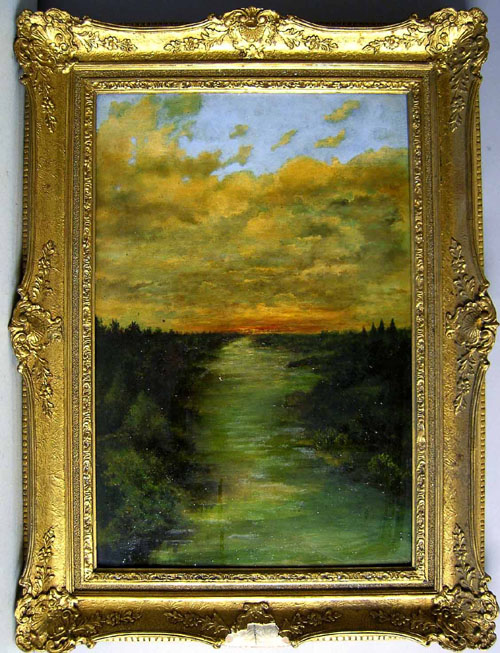 Appraisal: Oil on board sunset landscape early th c x