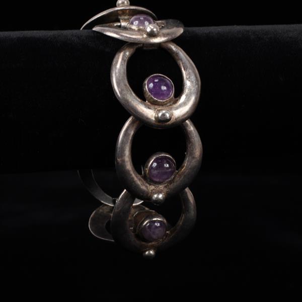 Appraisal: Mexican Silver and Amethyst Wide Modernist Circular Link Bracelet Marked