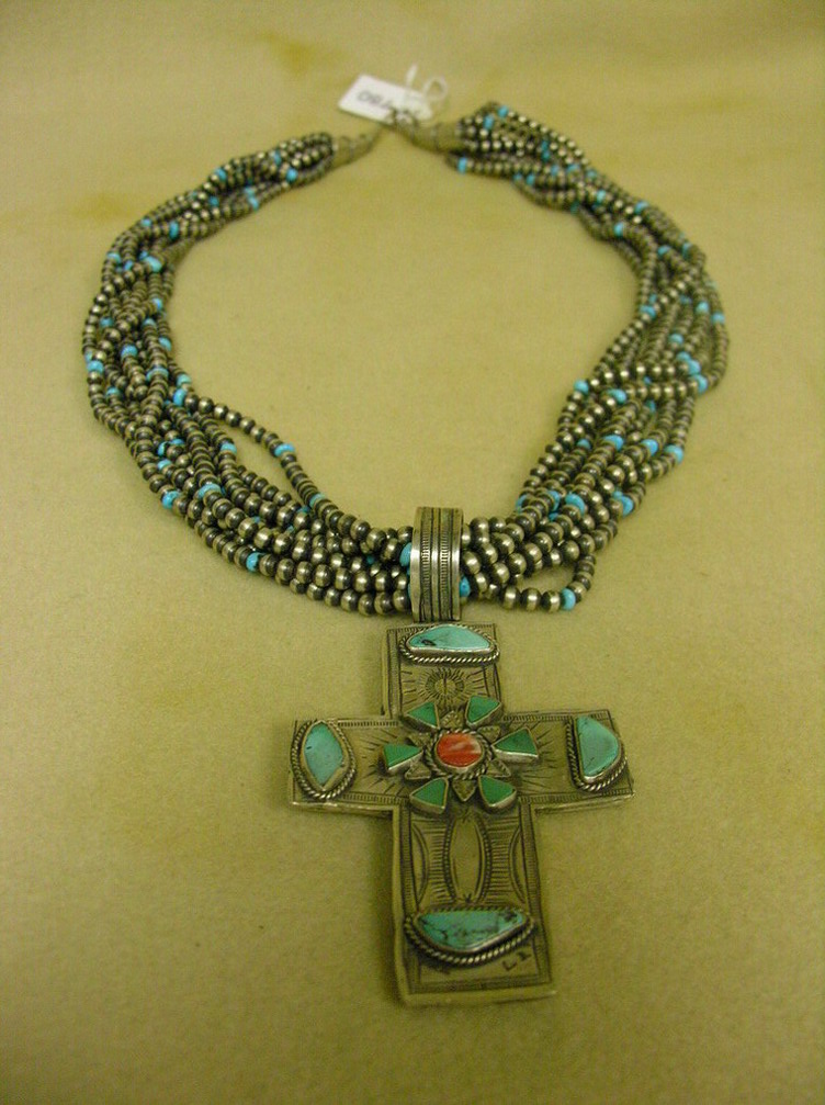 Appraisal: STERLING CROSS NECKLACE TURQUOISE Double faced cross set with turquoise