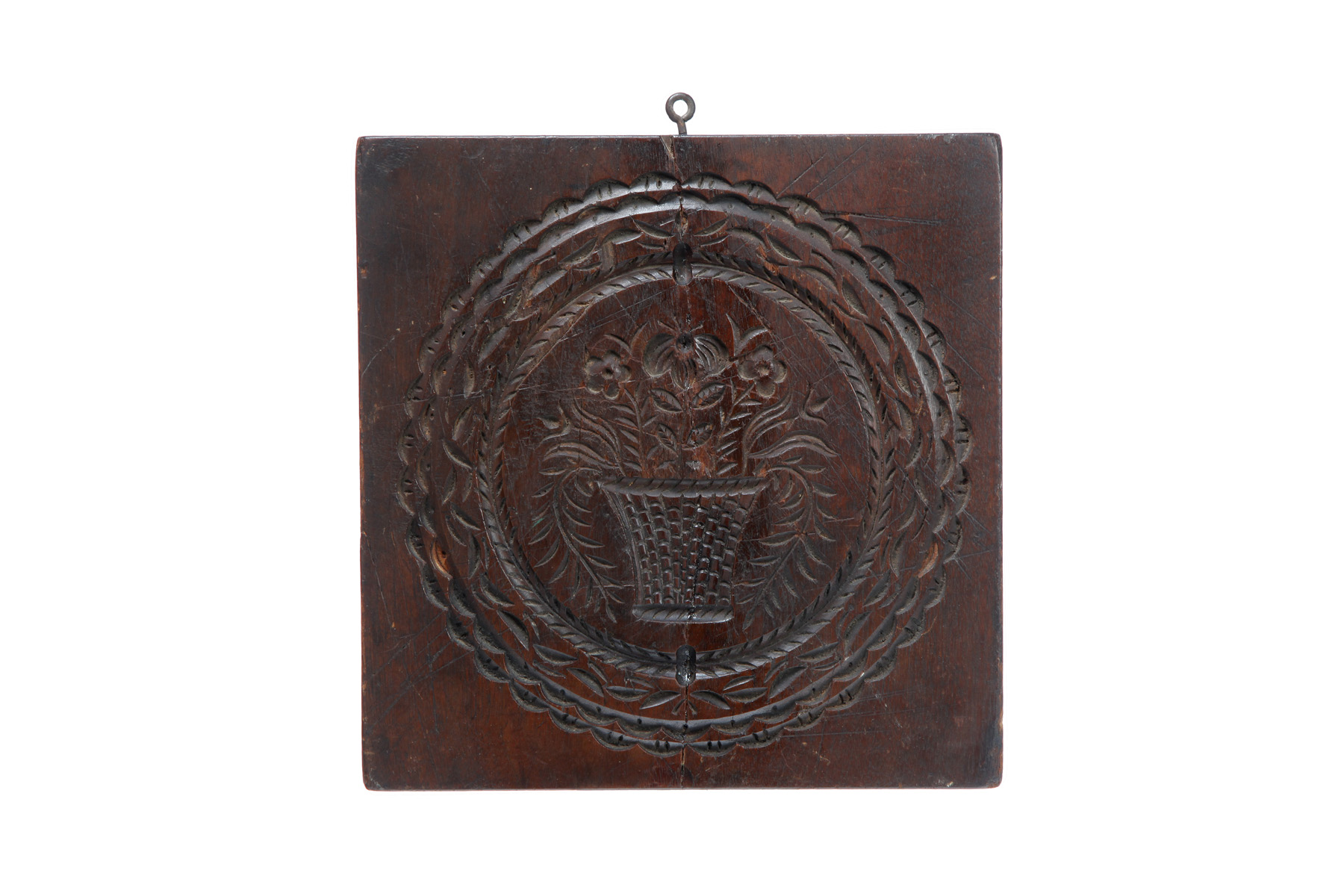 Appraisal: COOKIE BOARD American th century walnut Carved medallion with basket