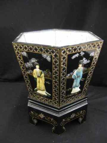 Appraisal: Oriental Lacquerware Planter figures andfoliage hexagon shape tin liner