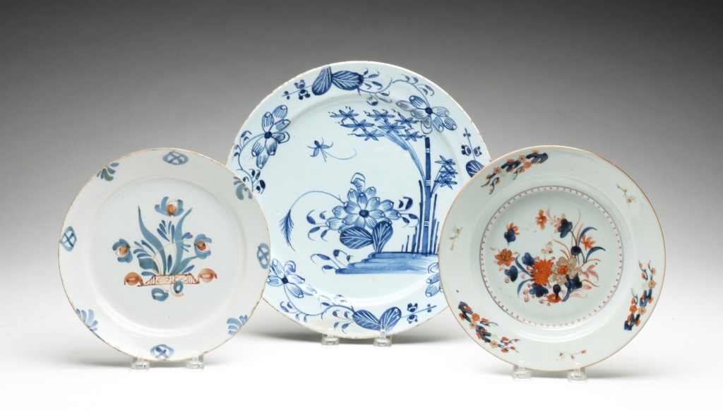 Appraisal: THREE EUROPEAN PLATES Eighteenth-early th century Two Delft plates Blue