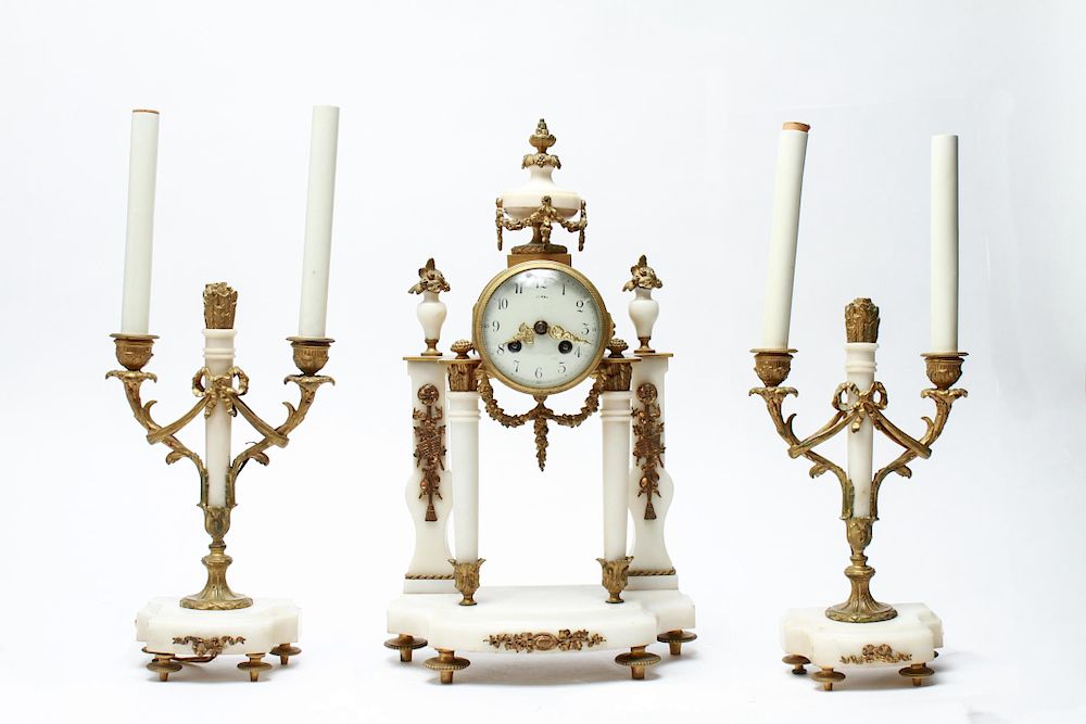 Appraisal: Neoclassical Ormolu Marble Clock Garniture Set French Neoclassical ormolu and