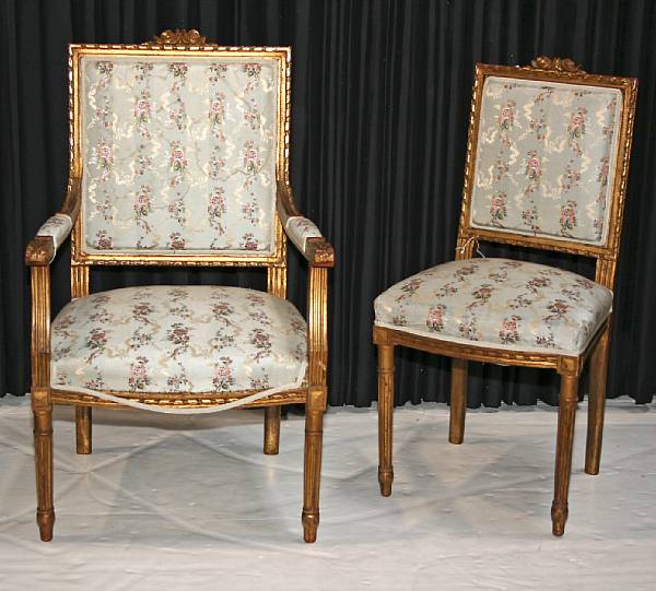 Appraisal: A Louis XVI style giltwood five piece salon suite early