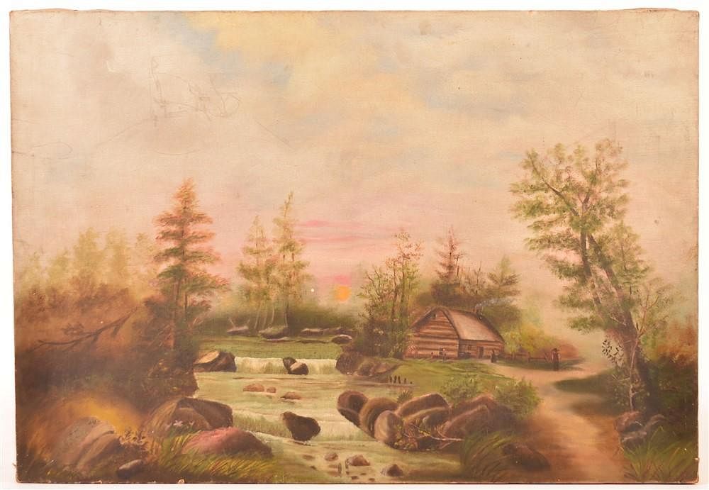 Appraisal: Oil on Canvas Painting of a Log Cabin by Stream