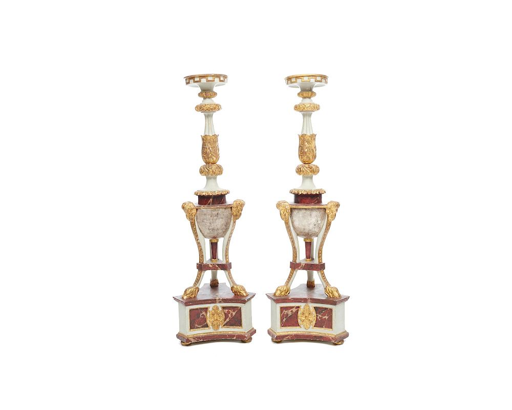 Appraisal: Pair of Continental Carved Faux Marble and Gilt Painted Torchieres