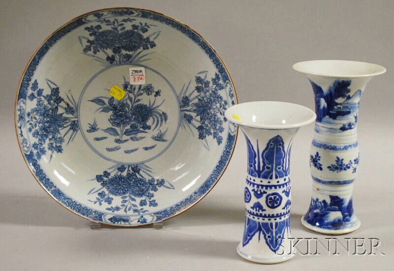 Appraisal: Three Chinese Blue and White Porcelain Items two garniture vases