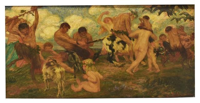 Appraisal: Framed oil on canvas painting Bacchanalian Scene with Satyrs signed