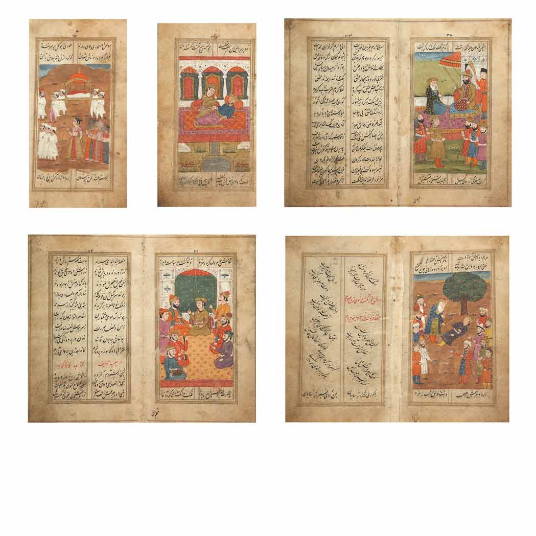 Appraisal: Group of Five Framed Persian Manuscript Drawings Including three examples