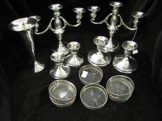 Appraisal: pcs Sterling Silver candelabra candleholders vase coasters most weighted