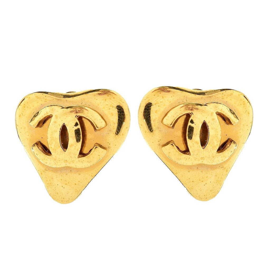 Appraisal: Chanel Gold Tone Heart Shape Enamel Clip Earrings Chanel Gold