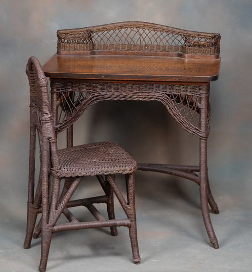 Appraisal: Antique Wicker Writing Desk with quarter sawn oak top circa