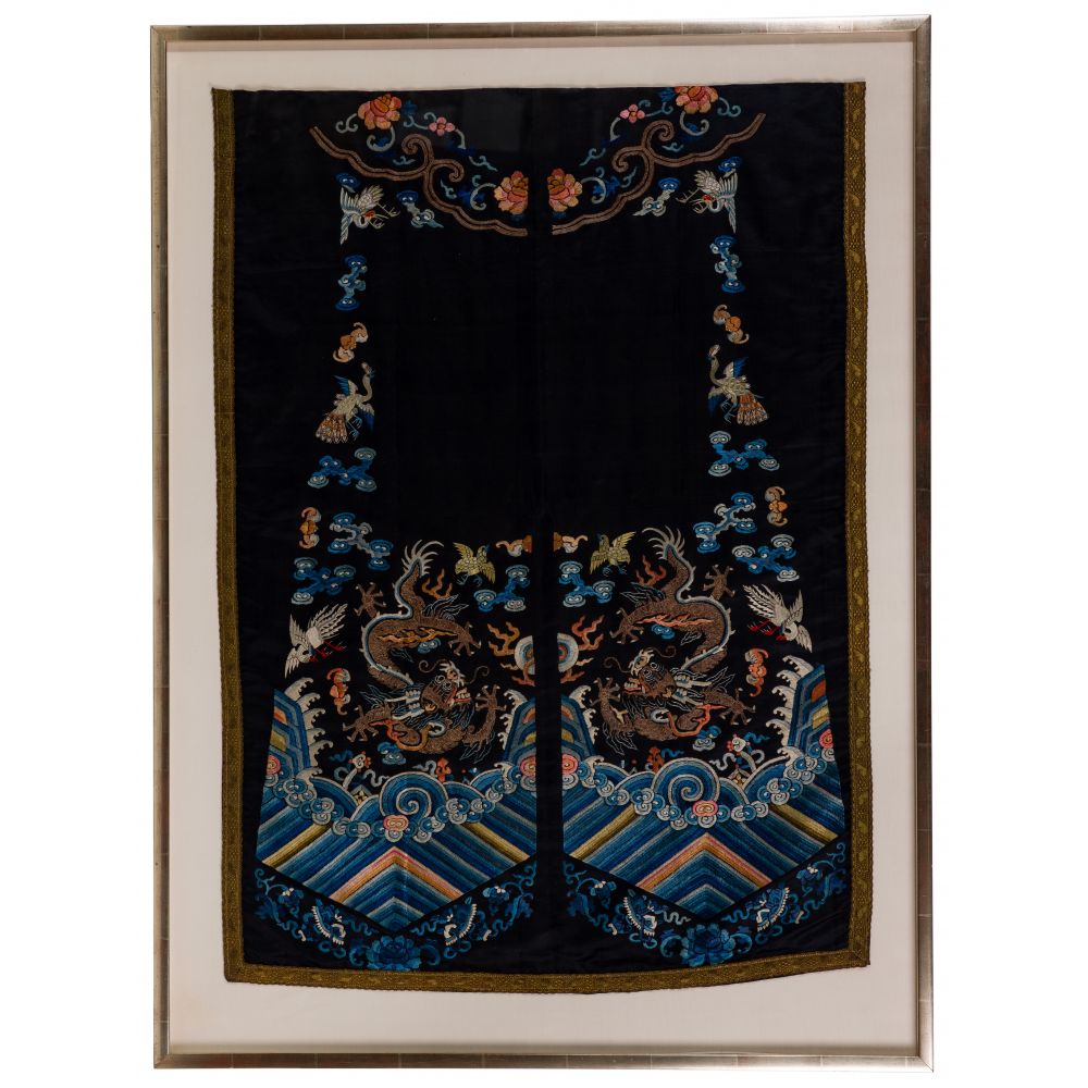 Appraisal: CHINESE FRAMED TEMPLE EMBROIDERYHaving an array of auspicious symbols sewn