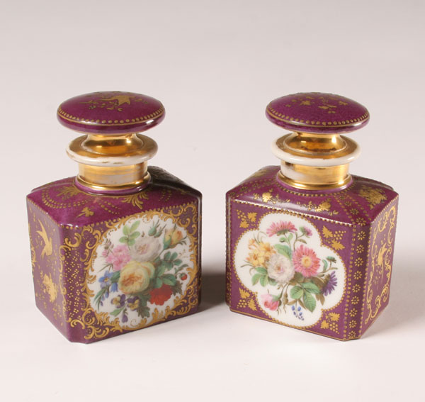 Appraisal: Pair hand painted porcelain stoppered jars decanters floral and avian