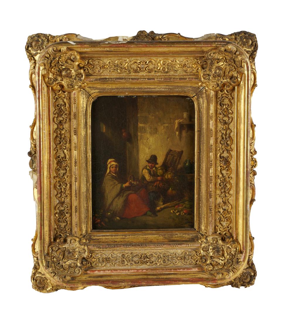 Appraisal: TH CENTURY RUSTIC FIGURES IN INTERIORoil on wood panel unsigned