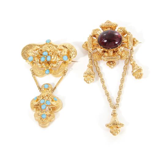 Appraisal: Antique gemstone and gold mourning brooches th century fourteen turquoise