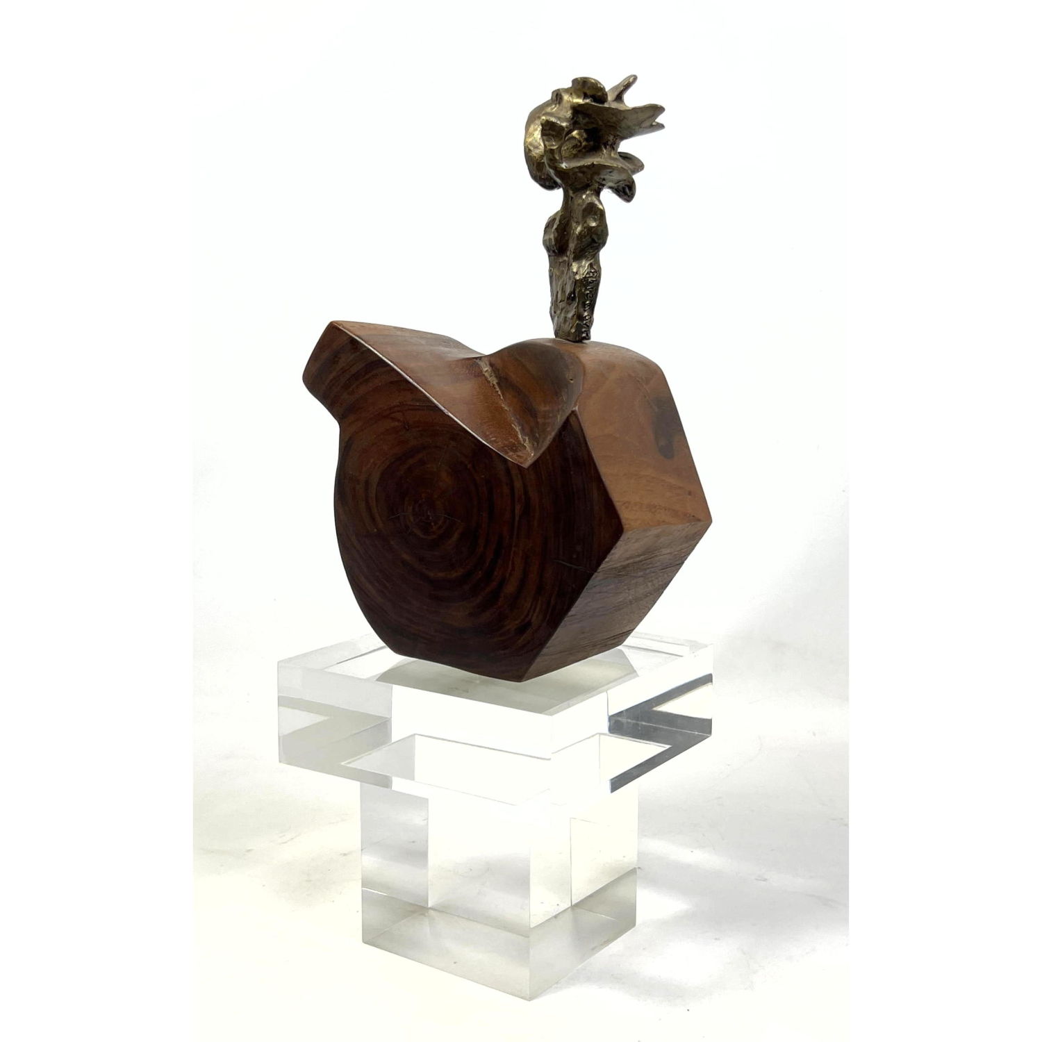 Appraisal: Carved Wood and Bronze Abstract Sculpture with Heavy Lucite Pedestal