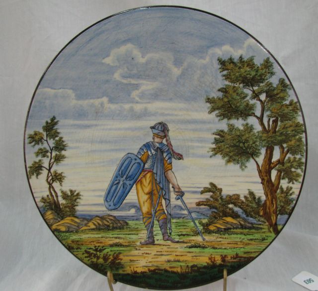 Appraisal: Majolica pictoral charger diameter depicting soldier with sword and shield