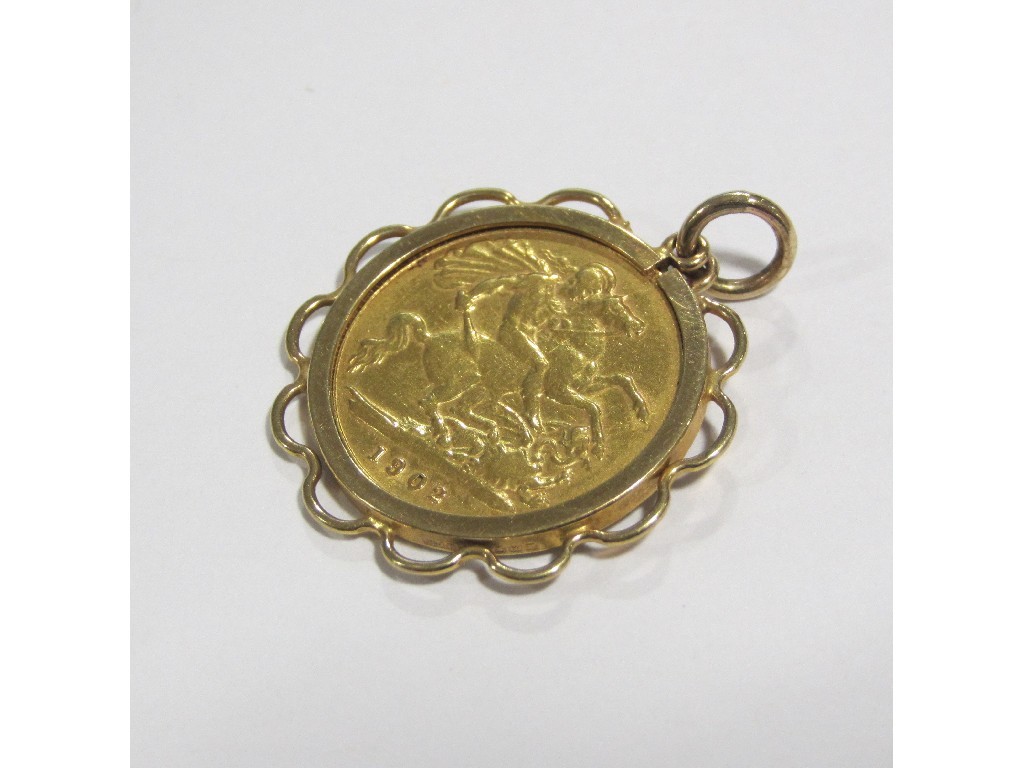 Appraisal: Edward VII head half sovereign dated in ct gold pendant