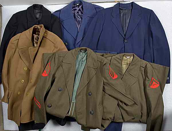 Appraisal: Military Overcoats Lot of Seven Lot includes two USMC overcoats