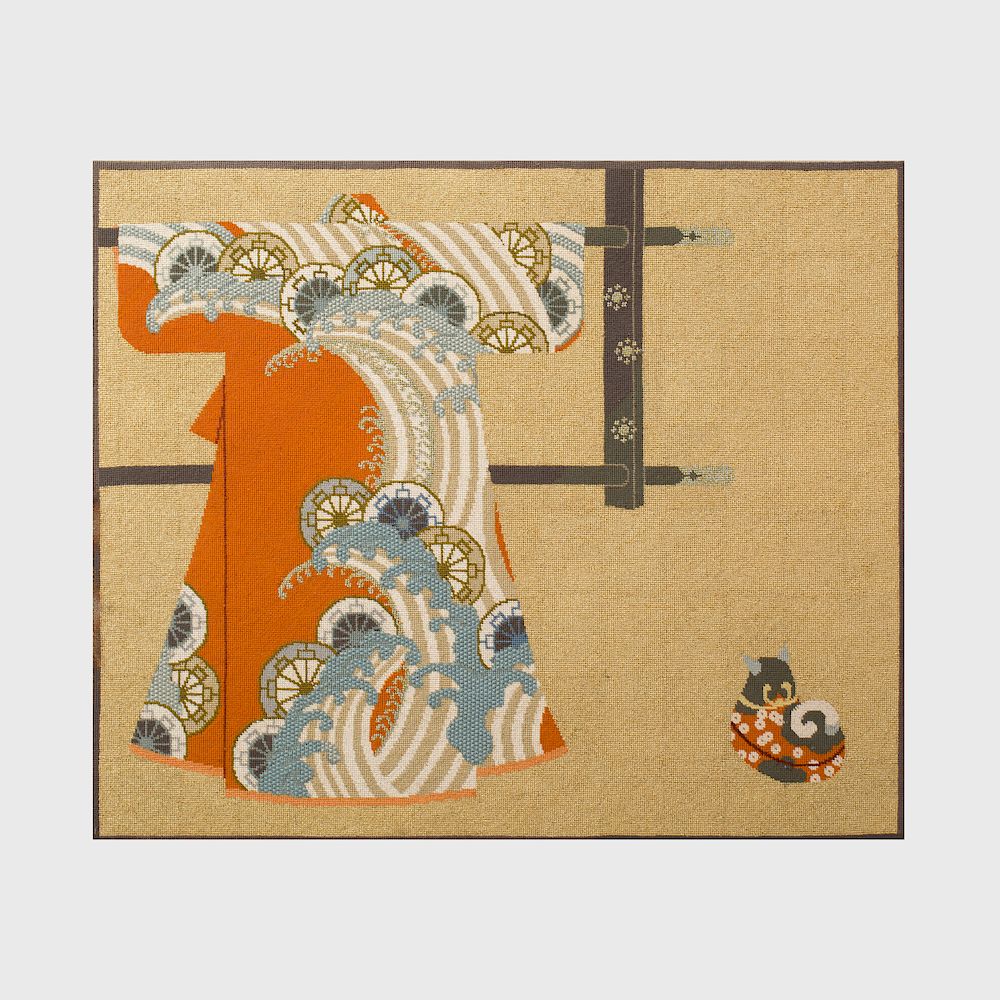 Appraisal: Two Japanese Hooked Fabric Panels Modern Each with polychrome and