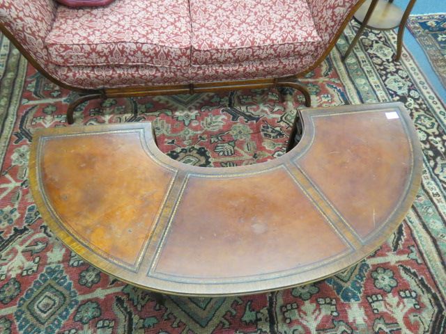 Appraisal: Mahogany Leather Top Coffee Table demilune shape drop ends 's