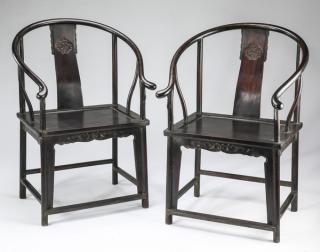 Appraisal: Chinese carved armchairs h Pair of Chinese carved horseshoe-form armchairs