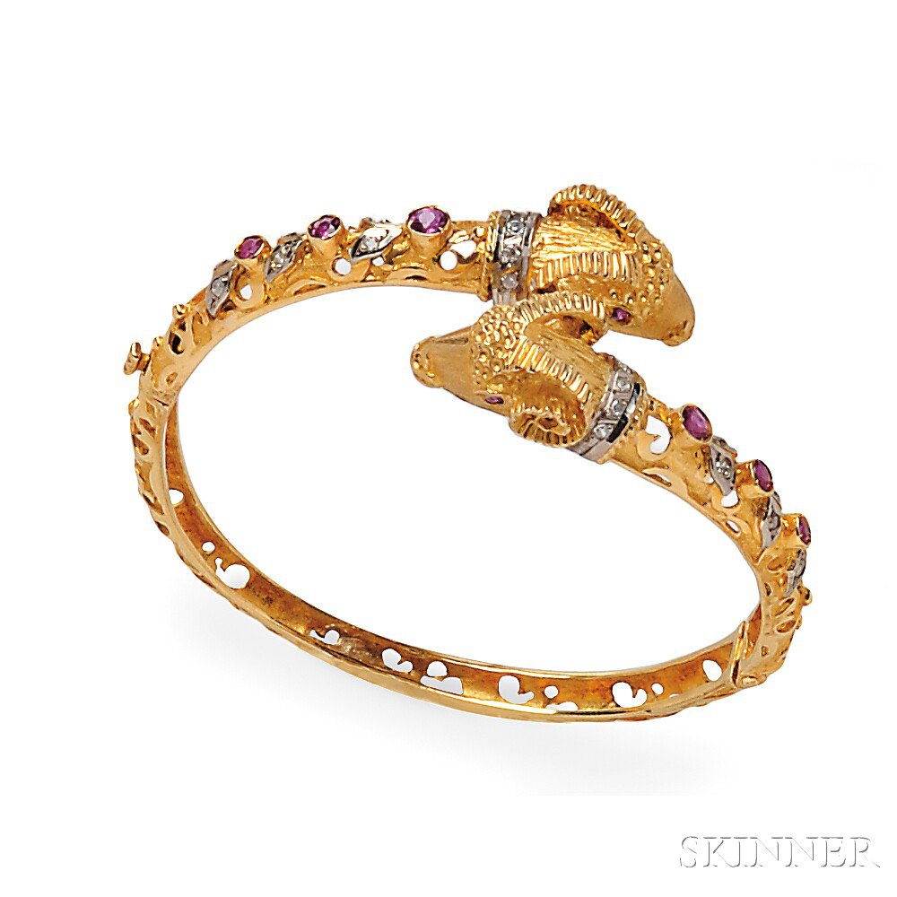 Appraisal: kt Gold Gem-set Bracelet the hinged bangle with ram's head