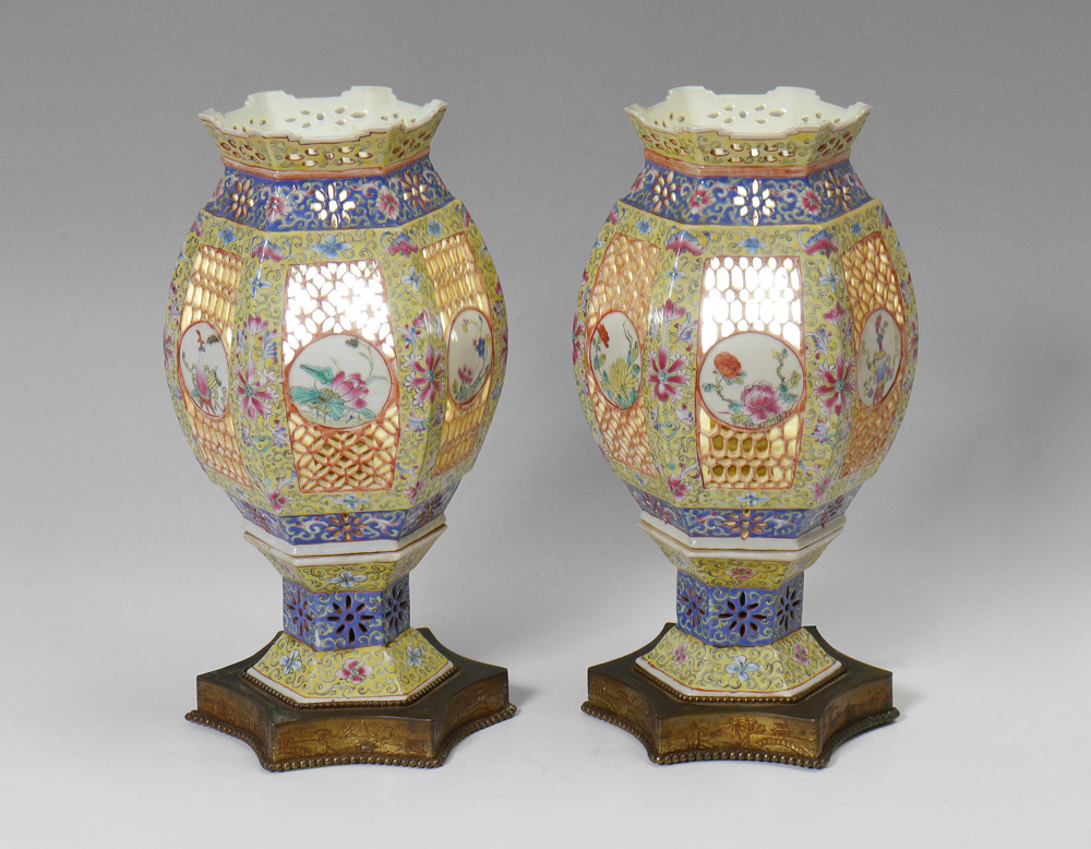 Appraisal: PAIR CHINESE FAMILLE ROSE PORCELAIN RETICULATED LAMPS Late th century