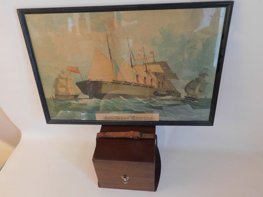 Appraisal: CHRONOMETER CASE SHIP PRINT Old wood ship's chronometer case with