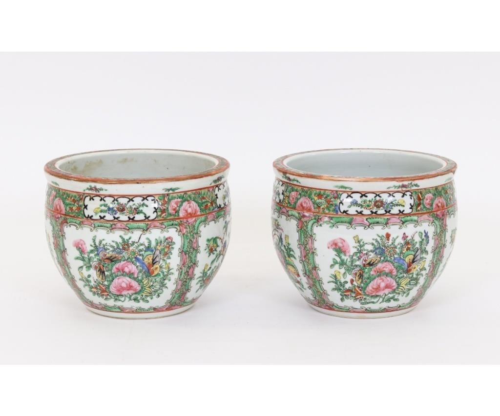 Appraisal: Pair of Chinese Rose Canton export porcelain cachepots circa h