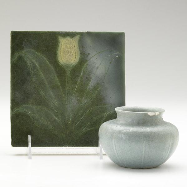 Appraisal: GRUEBY Tulip tile and cabinet vase in blue green glaze