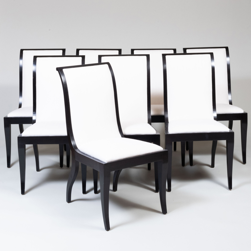 Appraisal: Set of Eight Modern Ebonized and Linen Upholstered Dining Chairs