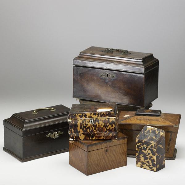 Appraisal: SEVEN ENGLISH BOXES Including two tortoiseshell tea caddies late th