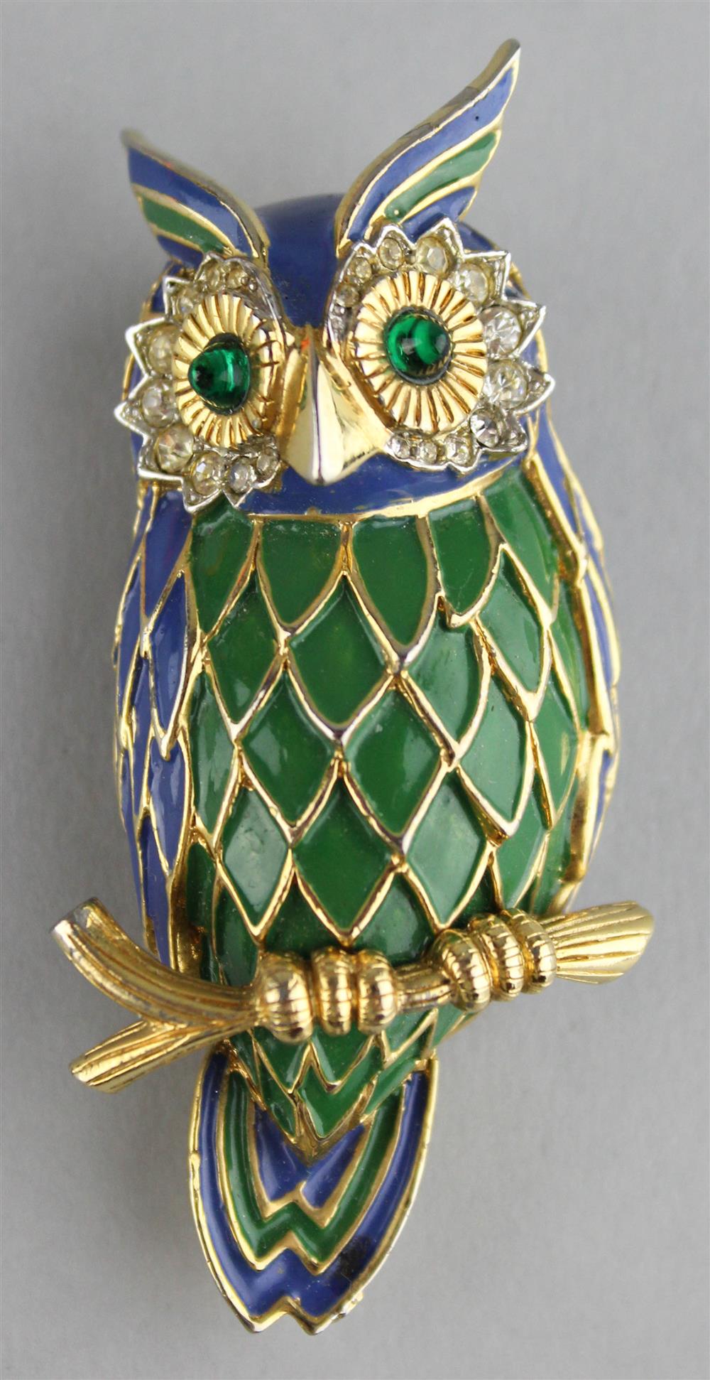 Appraisal: JOMAZ ENAMEL AND RHINESTONE OWL PIN signed x in