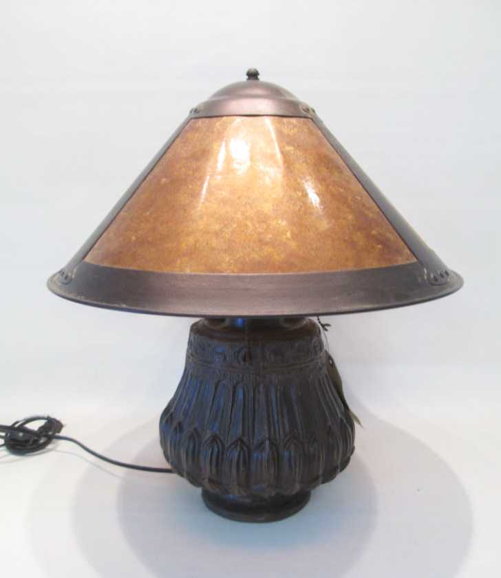 Appraisal: ARTS CRAFTS STYLE TABLE LAMP with mica shade and patinated