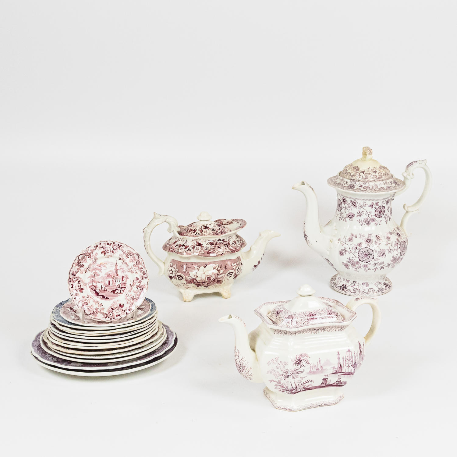 Appraisal: SIXTEEN PIECES OF PURPLE TRANSFER-DECORATED IRONSTONE TABLEWARE a coffee pot