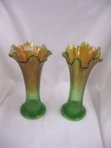 Appraisal: Pair of Carnival Glass Vases green ribbed excellent