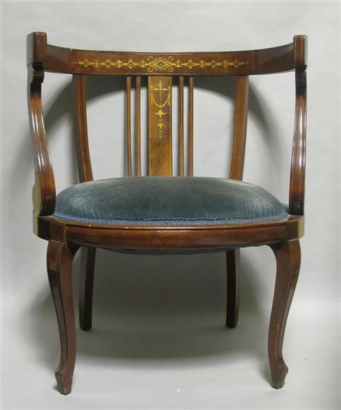 Appraisal: EDWARDIAN STYLE INLAID MAHOGANY ARM CHAIR h w d in