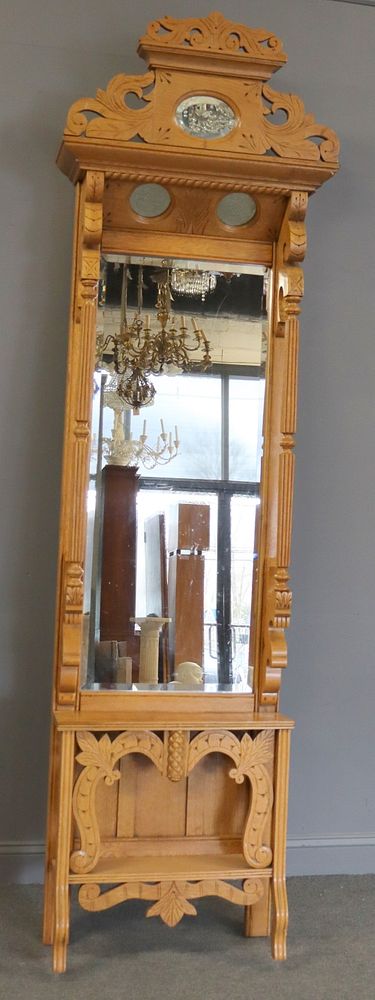 Appraisal: Antique Carved Golden Oak Hallway Mirror Wonderful patina and from