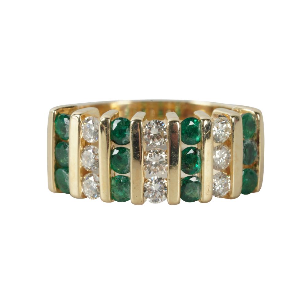 Appraisal: KARAT YELLOW GOLD DIAMOND EMERALD BAND RINGcontaining round emeralds weighing