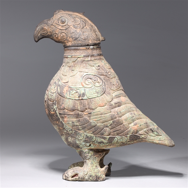 Appraisal: Chinese archaistic metal bird vessel with intricately incised designs to