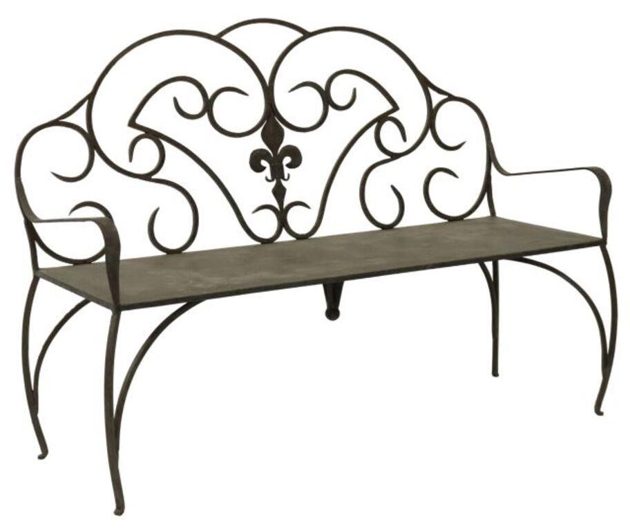 Appraisal: Wrought iron garden bench having shaped back with fleur-de-lys accent