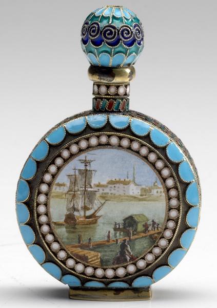 Appraisal: RUSSIAN ENAMEL silver perfume bottle with cloisonne borders and lid