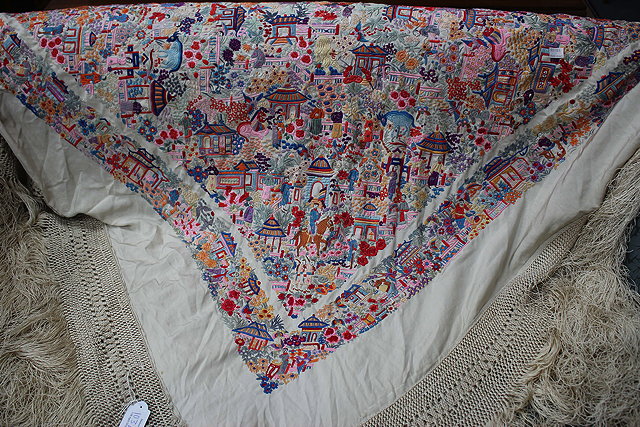 Appraisal: A CHINESE SILK SHAWL with polychrome embroidered decoration and tasselled