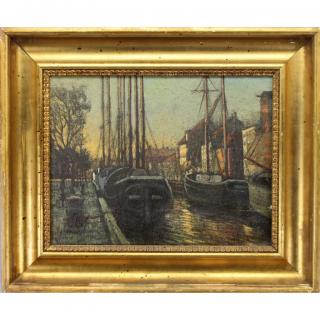 Appraisal: Signed th C Harbor Scene at dusk Sight Size x